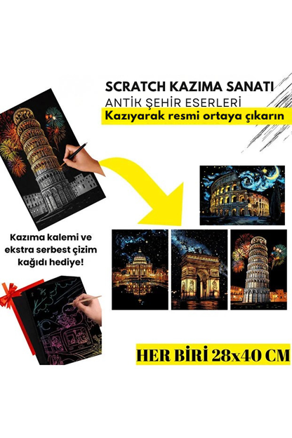 Antik Şehir Eserleri Kazıma Çizim Seti| Kazıma Kağıdı A3